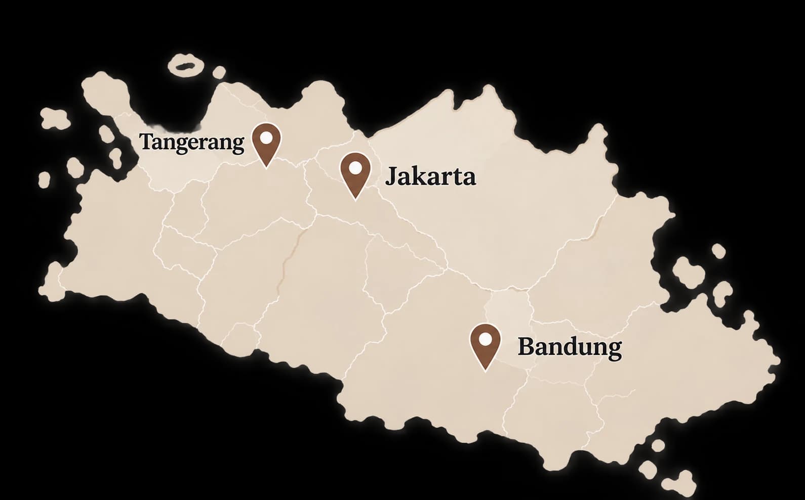 Peta Jawa Barat dengan lokasi Resep Popoh di Tangerang, Jakarta, dan Bandung